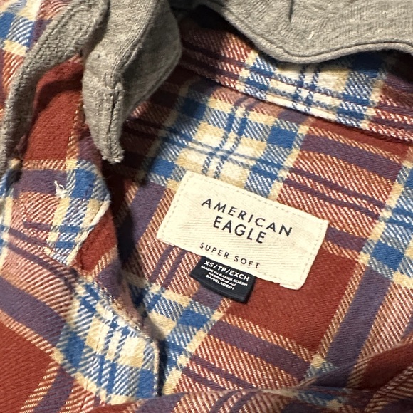 American Eagle Plaid Button-Up Shirt with Hood - Picture 2 of 3